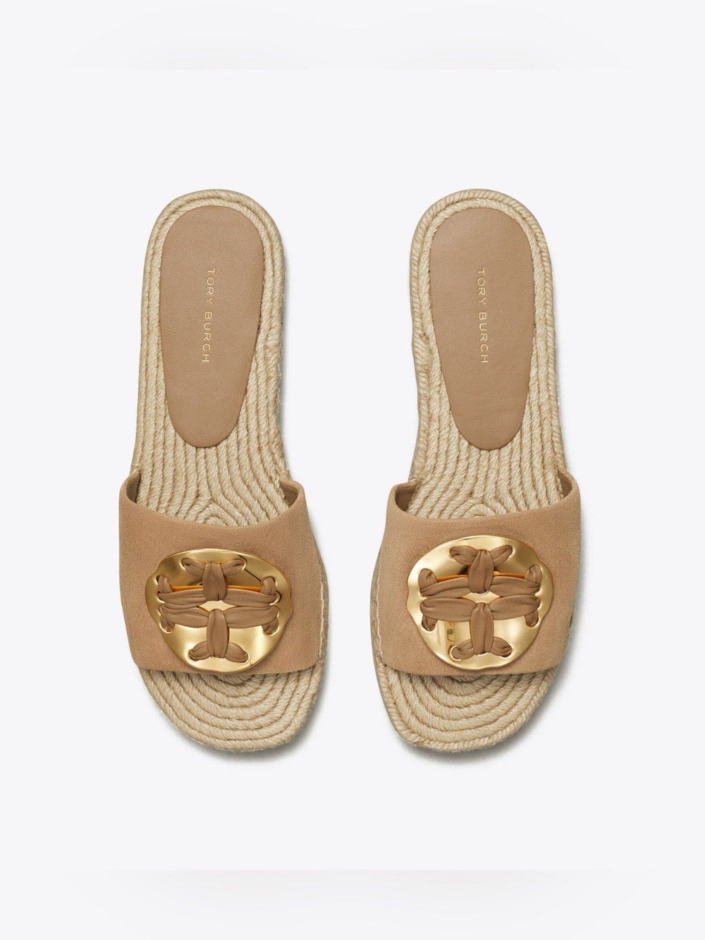 Tory Burch WOVEN DOUBLE T ESPADRILLE SLIDE Almond Flour Tan Leather Size 9